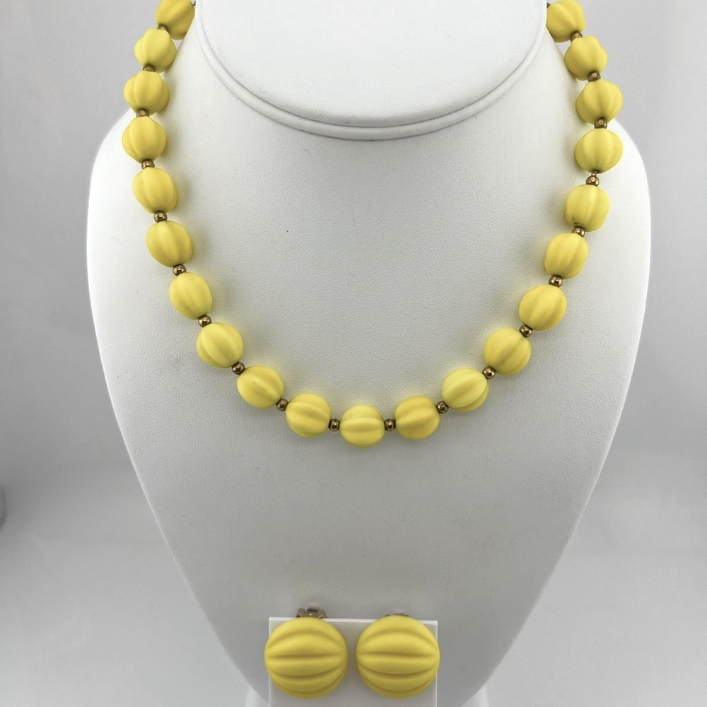 Vintage Signed berqere Yellow Beaded Necklace and Clip on Earring Set